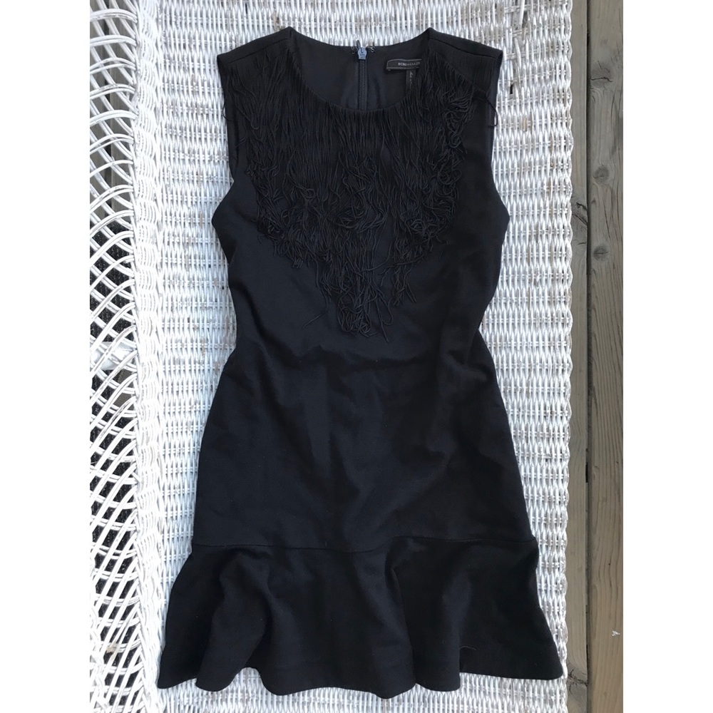 🆕NWOT•BCBGMaxAzria• Fringe Trim Flounce Hem Dress in black size S - Picture 5 of 8